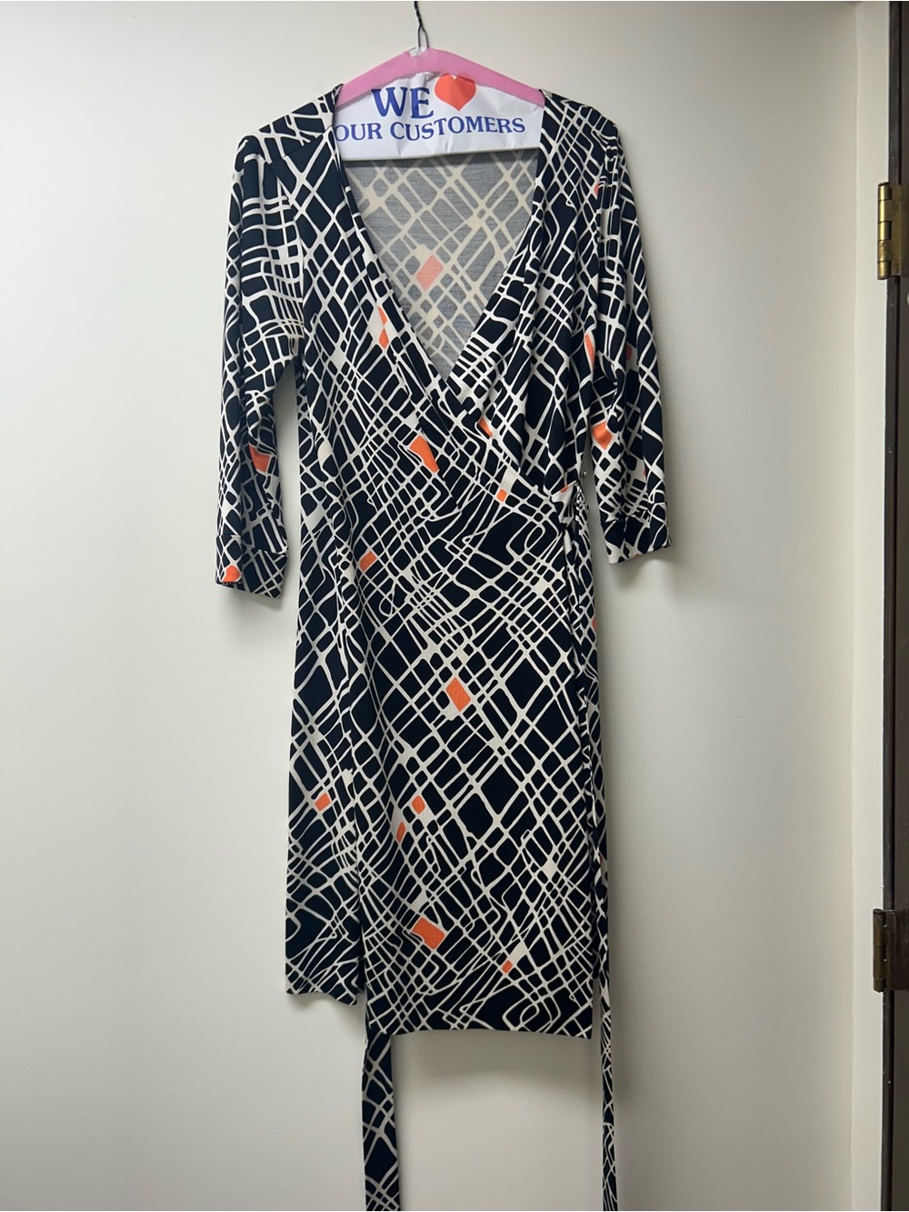 Diane Von Furstenberg Black & Cream Wrap Dress with Orange Accents